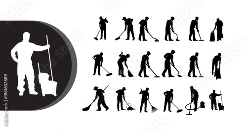 A collection of silhouetted janitor illustrations in various cleaning poses and actions on a white background