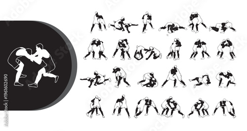 A collection of black and white silhouettes depicting various martial arts poses and movements in a dynamic and energetic style.