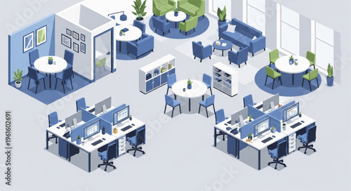 Isometric Office Space Design with Collaborative Workstations and Meeting Areas.