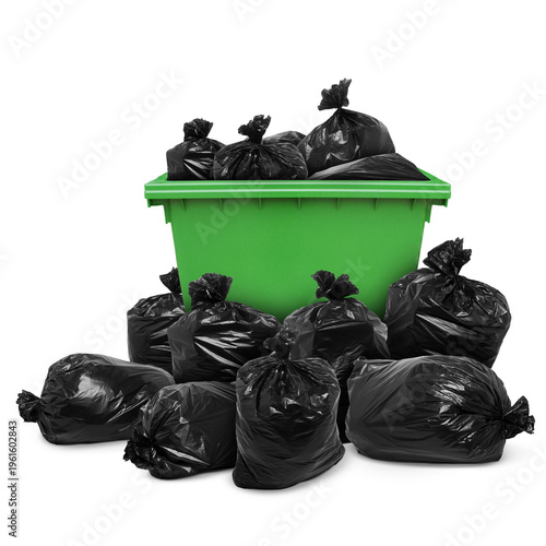 Full Trash Bags Collected Beside Large Waste Container on Transparent Background png