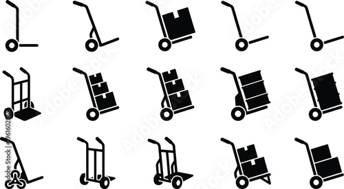 Ícones vetoriais de carrinhos de mão e plataformas de transporte, alguns vazios e outros carregados com caixas, para logística e movimentação de carga.