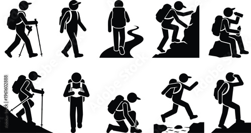 Silhuetas de pessoas praticando caminhada, trekking e montanhismo em diversas poses e atividades ao ar livre.