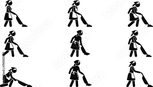 Mulher aspirando o chão em várias posições, ilustrando diferentes movimentos de limpeza doméstica.