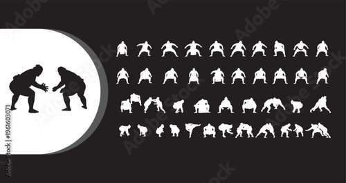 A collection of various wrestling silhouettes in different poses and movements on a black background