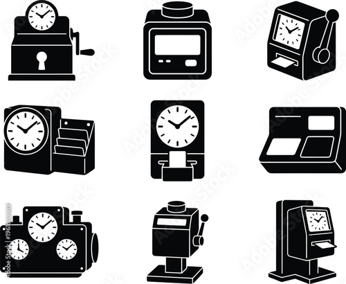 Conjunto de ícones de relógios de ponto e máquinas de registro de tempo em estilo silhueta.