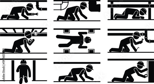 Pessoas trabalhando em espaços confinados, rastejando e inspecionando sob tubulações e estruturas, realizando manutenção e reparos.