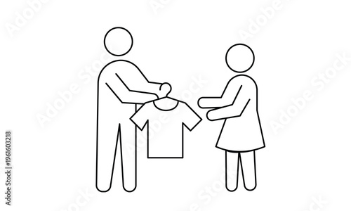 Clothing donation and second hand clothes icon with man giving t-shirt to woman for charity support. Editable stroke, Vector illustration, Line art Icon, Symbols.