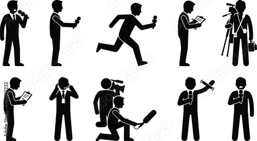 Silhuetas de jornalistas e repórteres em várias poses e ações, cobrindo notícias e eventos para a mídia.