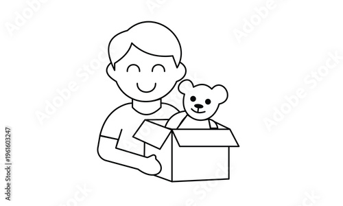 Toy donation and child care icon with happy boy holding box of teddy bear for charity and orphan. Editable stroke, Vector illustration, Line art Icon, Symbols.