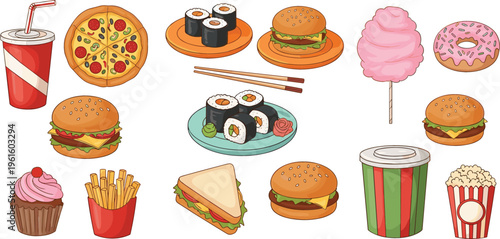 Hand-Drawn Fast Food and Snack Vector Set Featuring Pizza, Sushi, Burgers, Cotton Candy, Donuts, Cupcakes, and Drinks for Culinary and Food Illustrations