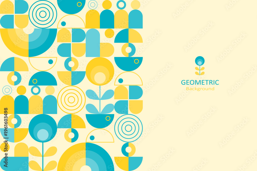 Fototapeta premium Minimal geometric banner with blue and yellow shapes forming abstract people and plants, arranged in a clean mid-century style on a soft beige background.