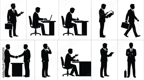 Silhuetas de empresários em diversas poses e atividades de escritório, representando o mundo dos negócios.
