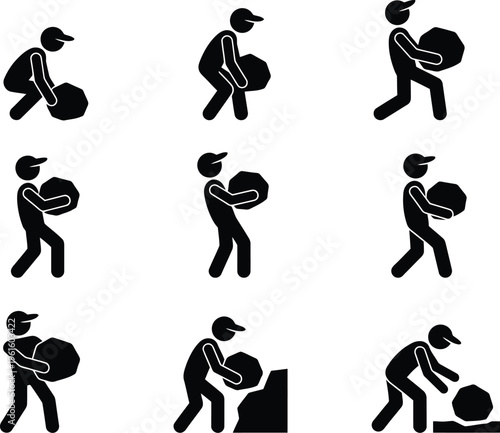 Homem levantando e carregando uma pedra pesada, demonstrando técnicas de manuseio seguro e correto.