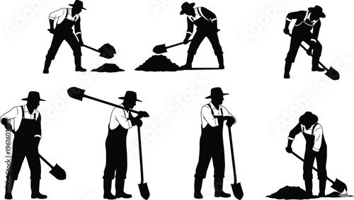 Silhouette of people working with shovels on a white background Vector