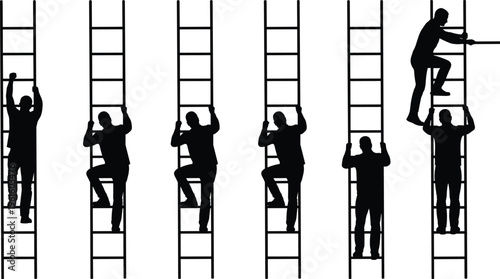 Silhouette of people climbing ladders in different positions Vector