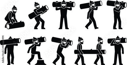 Silhuetas de um lenhador ou trabalhador florestal carregando e manuseando toras de madeira em diversas posições e ações.