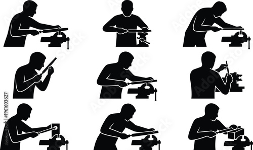 Pessoa usando lima e torno de bancada em diversas posições de trabalho.