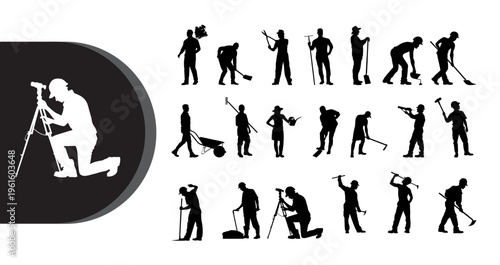 A collection of silhouetted photographers and workers in various poses and activities
