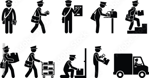 Várias ilustrações de carteiros e entregadores realizando diferentes tarefas de serviço postal e entrega de encomendas.