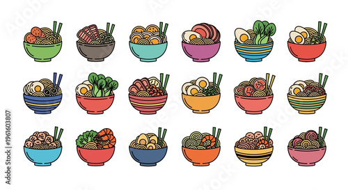 Colorful bowls of food arranged neatly.