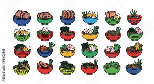 Variety of colorful soup bowls.