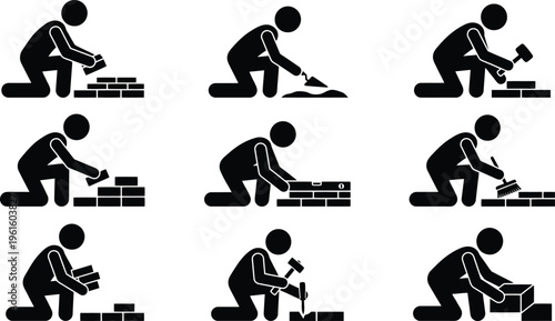 Ilustração detalhada de um pedreiro realizando diferentes tarefas de construção e alvenaria.