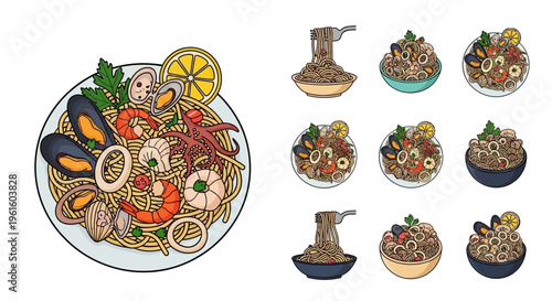 Variety of seafood noodle dishes served.