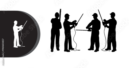 A group of workers in silhouette using various power tools on a construction site