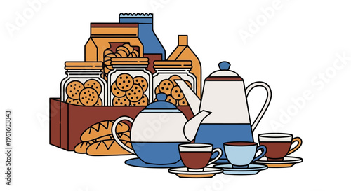 Blue and white tea set with cookies.