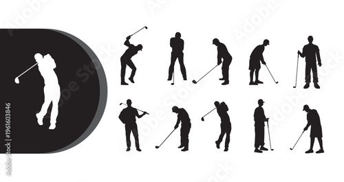 A collection of golf silhouettes showcasing various swings and poses on a clean white background