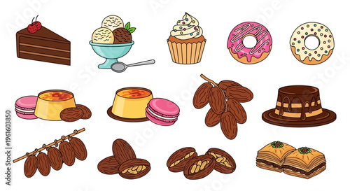 Variety of sweet baked dessert foods.