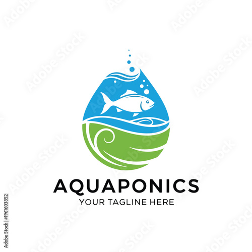 Conceptual Aquaponics System Vector Illustration: Fish, Water, and Plant Growth Emblem