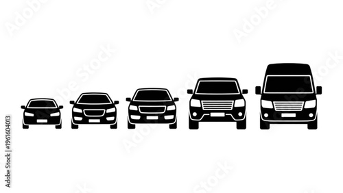 Modern minimal vehicle icon pack featuring simple front view car silhouettes for transport sharing mobility and auto services