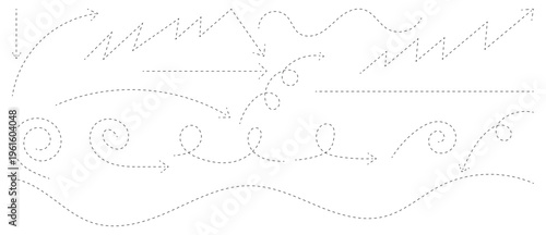 Doodle dashed arrows. Hand-drawn dashed and dotted lines. Wavy swirl lines set, sketch dotted curve path elements. Vector illustration. 