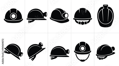 Dez silhuetas pretas de capacetes de segurança com lanternas frontais, vistos de diferentes ângulos.