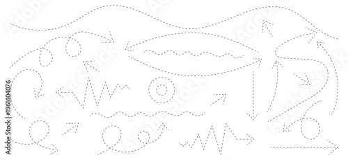Doodle dashed arrows. Hand-drawn dashed and dotted lines. Wavy swirl lines set, sketch dotted curve path elements. Vector illustration. 