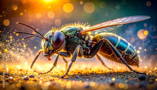 Macro shot of a detailed insect, possibly a wasp, with iridescent body and large compound eyes, surrounded by bokeh