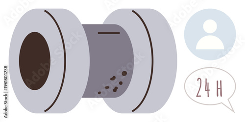 Manufacturing, customer service, industrial maintenance, supply chain, production support, logistics. Steel roll with user icon and speech bubble showing 24 hours. Manufacturing and customer service