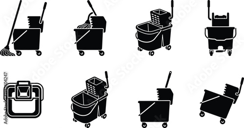 Conjunto de silhuetas de equipamentos de limpeza profissional, incluindo baldes de esfregão com espremedores e carrinhos de limpeza.