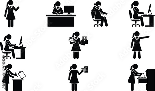 Black stick figure icons of people writing and studying, set of 11 vector silhouettes of students and office workers, minimalist person writing at desk
