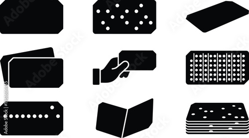 Ícones pretos e brancos de vários tipos de cartões, incluindo cartões lisos, com pontos, empilhados e sendo entregues, representando conceitos de tecnologia e dados.