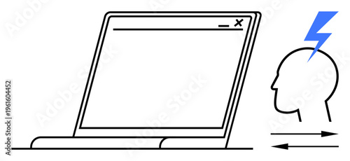 Digital fatigue, screen time overload, mental health, tech dependence, productivity challenges, modern stress. Laptop screen with lightning bolt near head. Digital fatigue and screen time