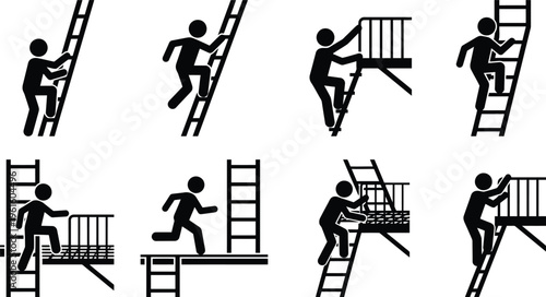 Ilustrações de figuras de palito subindo escadas e plataformas, representando conceitos de acesso e progresso.