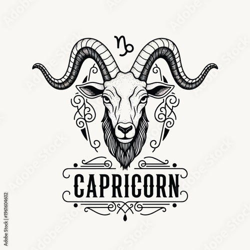 Vintage Capricorn Zodiac Goat Head Emblem Illustration with Astrological Symbol and Decorative Elements