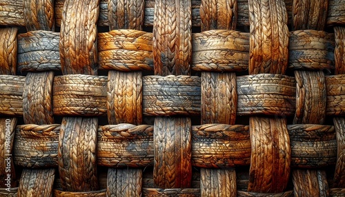 Close-up view reveals tightly woven natural fibers forming a basket-like pattern. Shades of brown and tan interplay