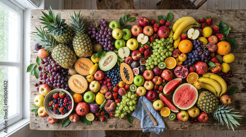 Bountiful Harvest: Wide-Angle Flat Lay of Assorted Fresh Fruits