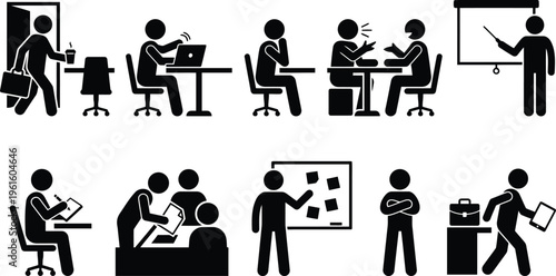 Ilustração de figuras de palito representando diversas atividades de escritório, reuniões, apresentações e rotinas de trabalho em um ambiente profissional.