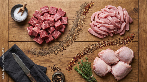 Assorted Raw Meats and Spices: Culinary Preparation on Rustic Wood