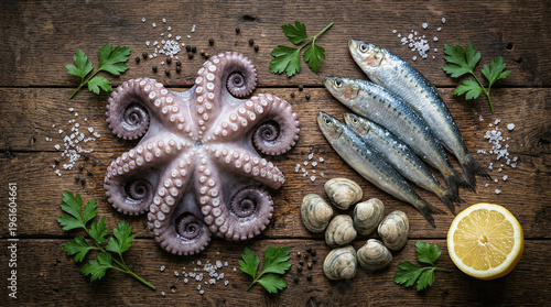 Artistic Seafood Flat Lay: Fresh Octopus, Sardines, and Clams on Rustic Wood