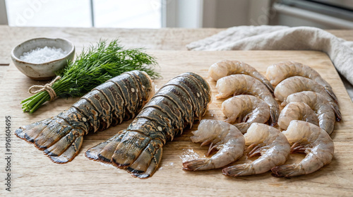 Premium Raw Seafood Prep: Fresh Lobster Tails and Peeled Shrimp